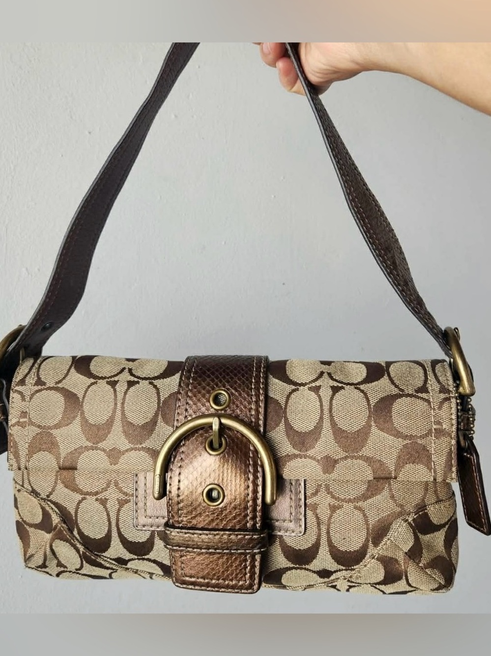 Coach Brown Signature Canvas Shoulder Bag with Metallic snakeskin Bronze Buckle